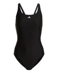 Modella che indossa costume intero Adidas 3S Mid Suit HD0403 nero per nuoto e sport acquatici