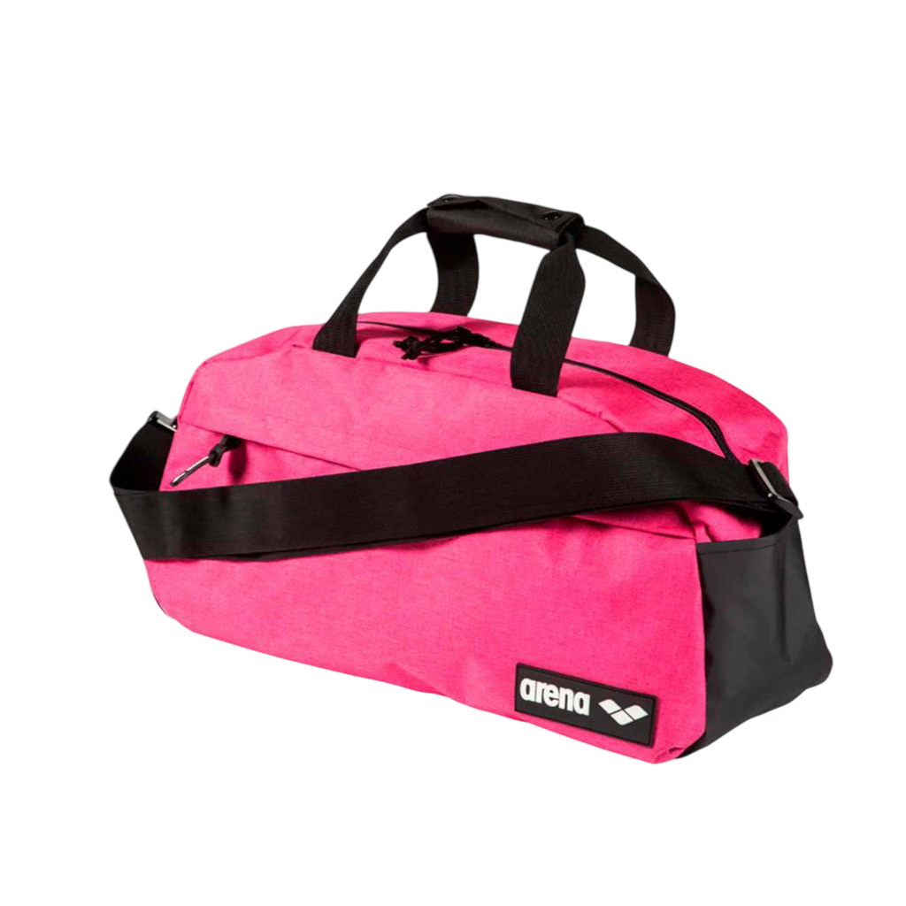 Borsone sportivo Arena Team Duffle rosa da 25 litri, impermeabile, ideale per piscina e palestra con tracolla regolabile e scomparto per oggetti bagnati, vista frontale