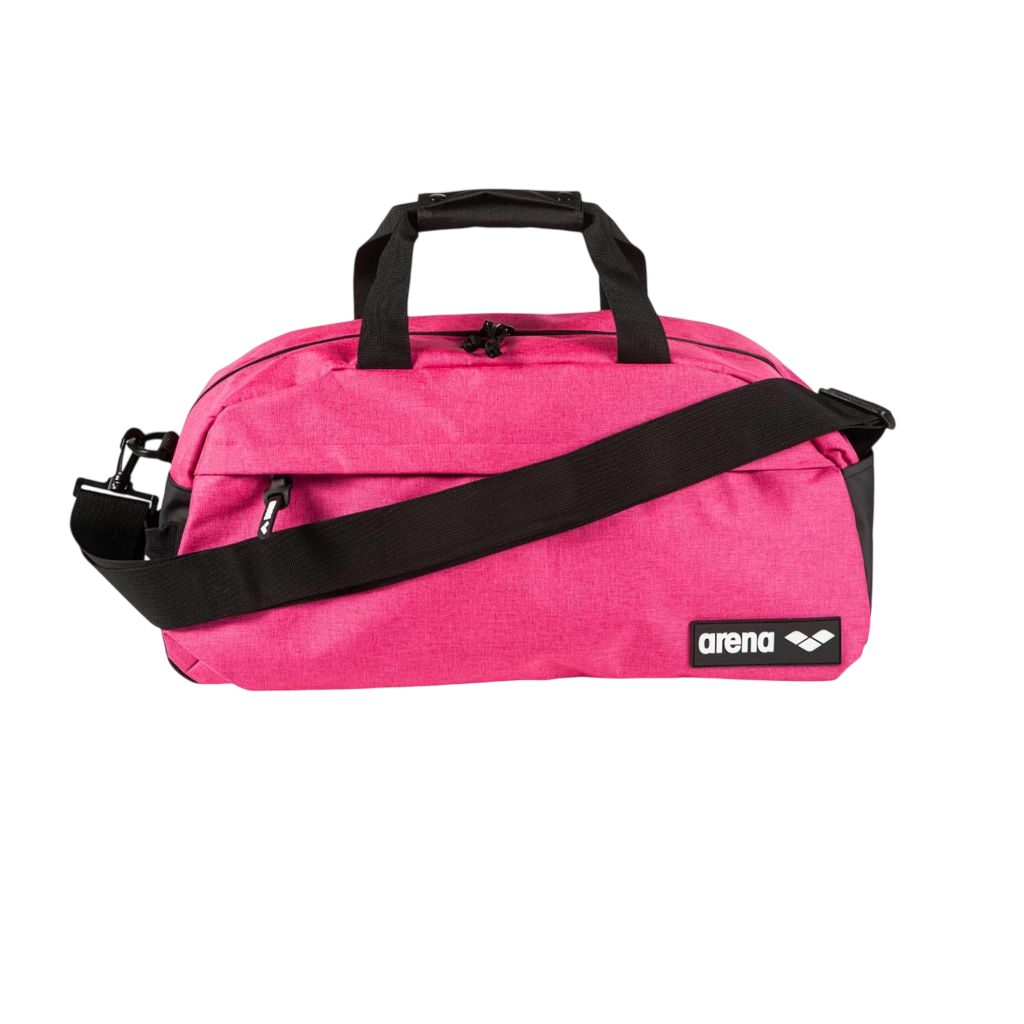 Borsone sportivo Arena Team Duffle rosa da 25 litri, impermeabile, ideale per piscina e palestra con tracolla regolabile e scomparto per oggetti bagnati, vista frontale e logo