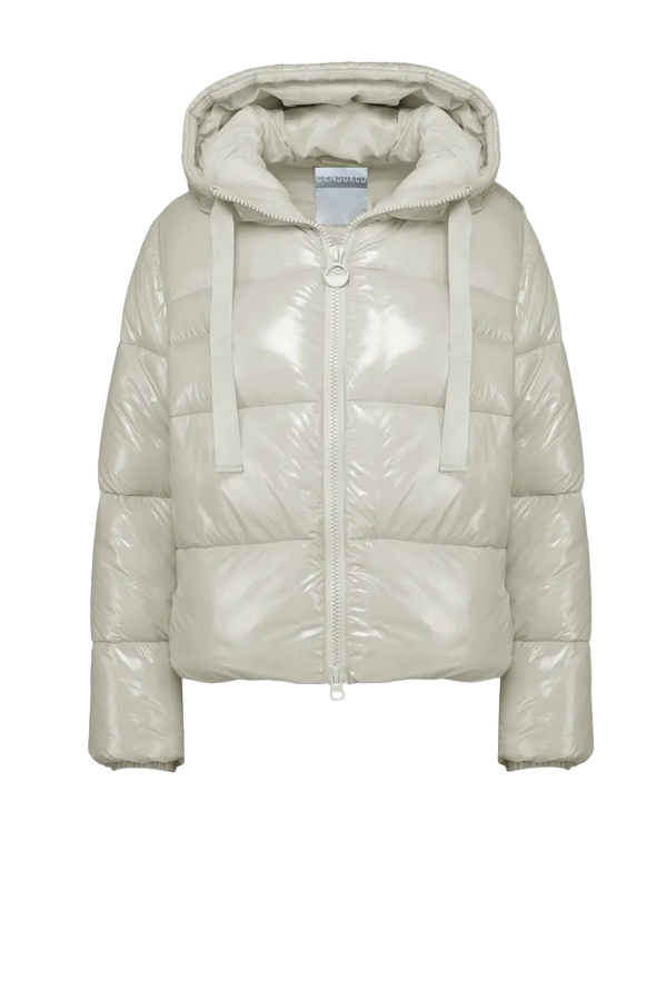 Censured giacca a piumino con cappuccio da donna corta larga e lucida JW388NTGNY3139 latte di mandorla