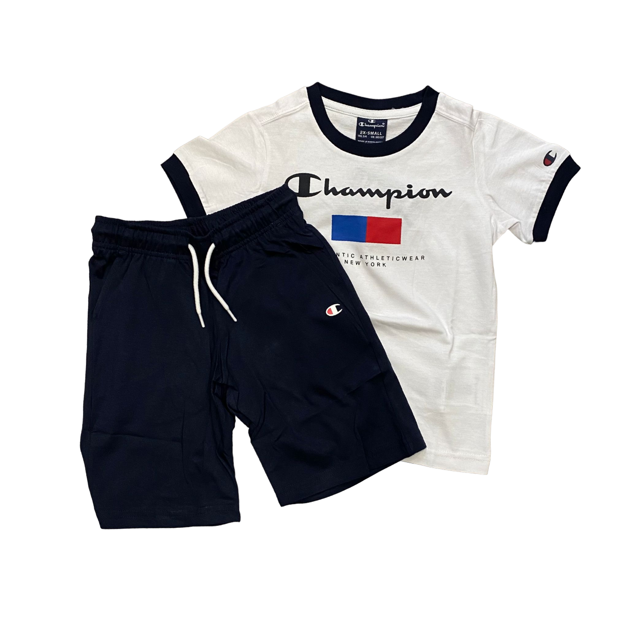 Champion completino da ragazzo in cotone maglietta e pantaloncino 306699 WW001 bianco blu