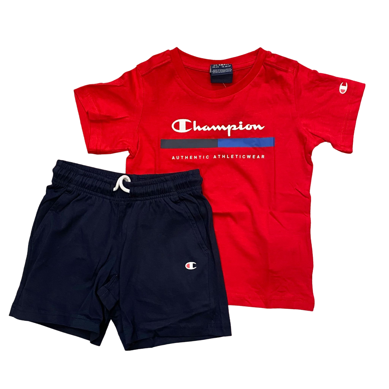 Champion completino da ragazzo maglietta e pantaloncino 306698 RS011 rosso blu