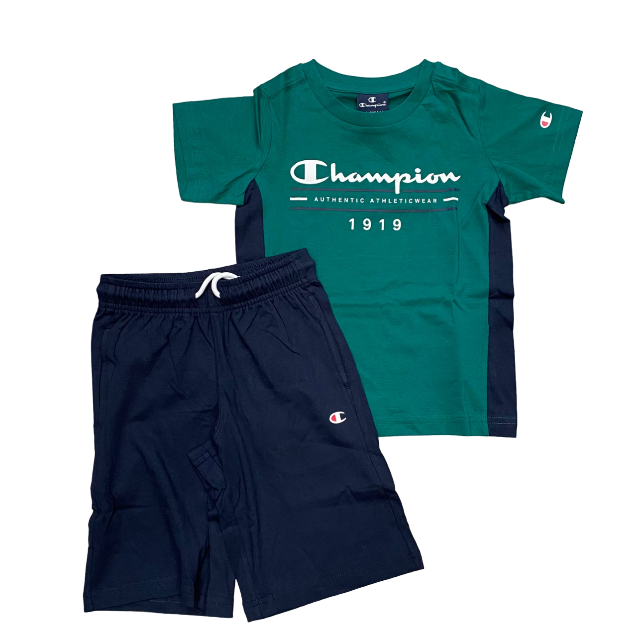 Champion completino da ragazzo maglietta e pantaloncino 306700 GS571 verde blu