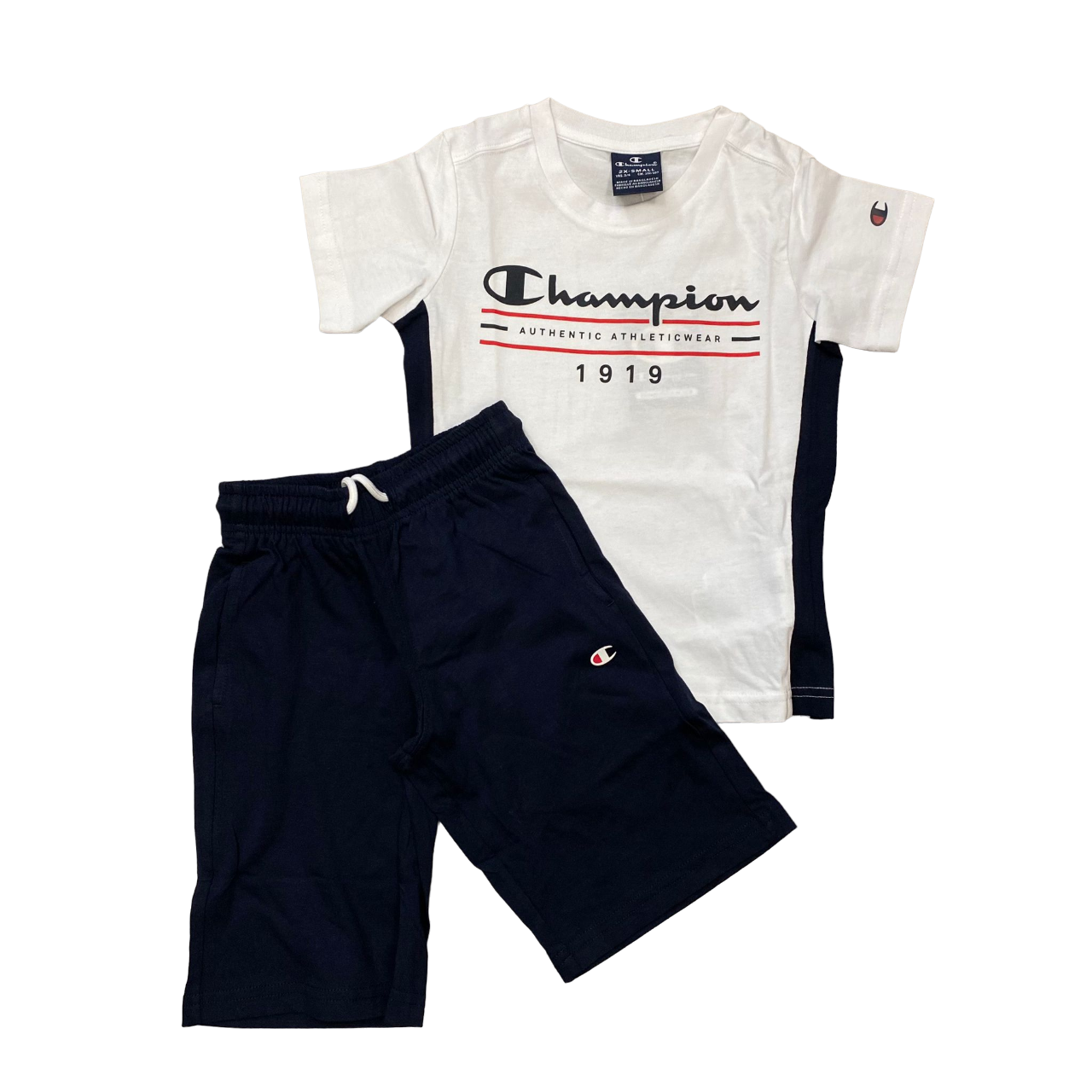 Champion completino da ragazzo maglietta e pantaloncino 306700 WW001 bianco blu