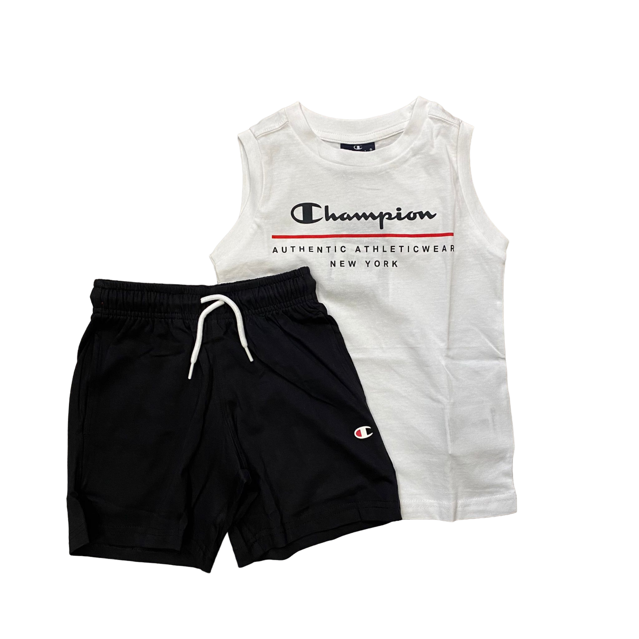 Champion completo da ragazzo in cotone con maglietta smanicata e pantaloncino bianco nero