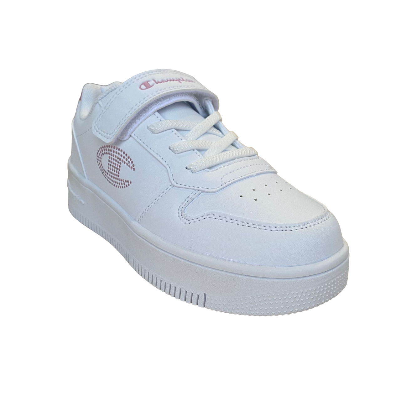 Champion scarpa sneakers da bambina con logo glitterato laccio elastico e velcro S32830-WW010 bianco-rosa