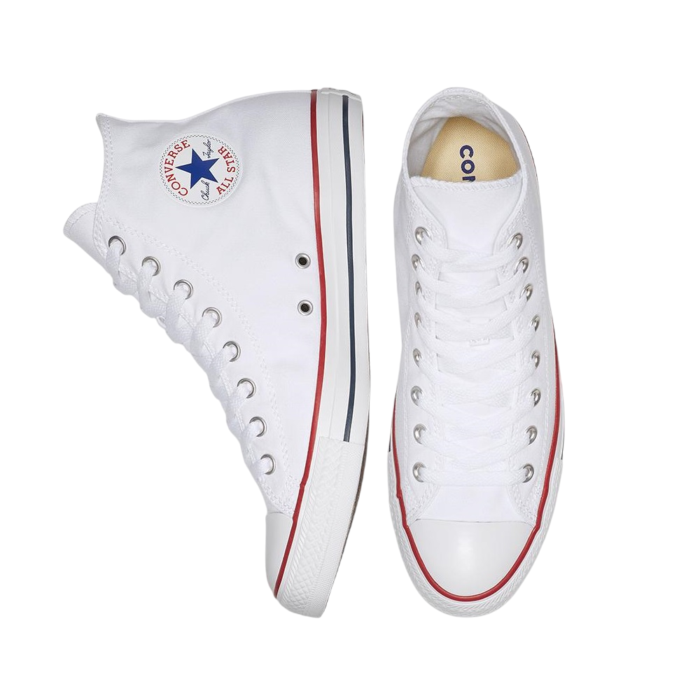 Dettaglio patch Chuck Taylor All Star M7650C sulla caviglia, sneakers bianche autentiche Converse