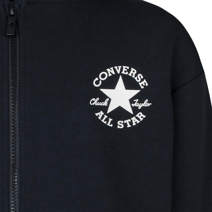 Felpa Converse 9CF391-023 nera con cappuccio e cerniera zip per bambino, hoodie in jersey confortevole con tasche a scivolo e taglio dritto per look casual sportivo, dettaglio logo