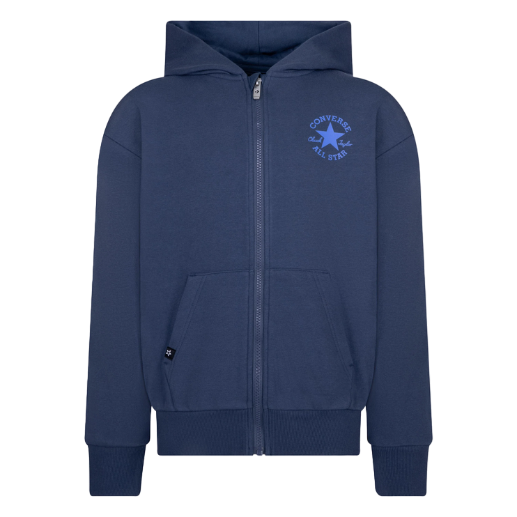 Felpa Converse Junior 9CF391-BFK blu con cappuccio e cerniera zip per ragazzi, hoodie in jersey confortevole con tasche a scivolo e taglio dritto per look casual sportivo, vista frontale
