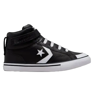 Sneakers Converse Pro Blaze Junior A01072C nere alte in pelle con chiusura velcro e laccio elastico per ragazzi, scarpe sportive comode e resistenti, vista laterale