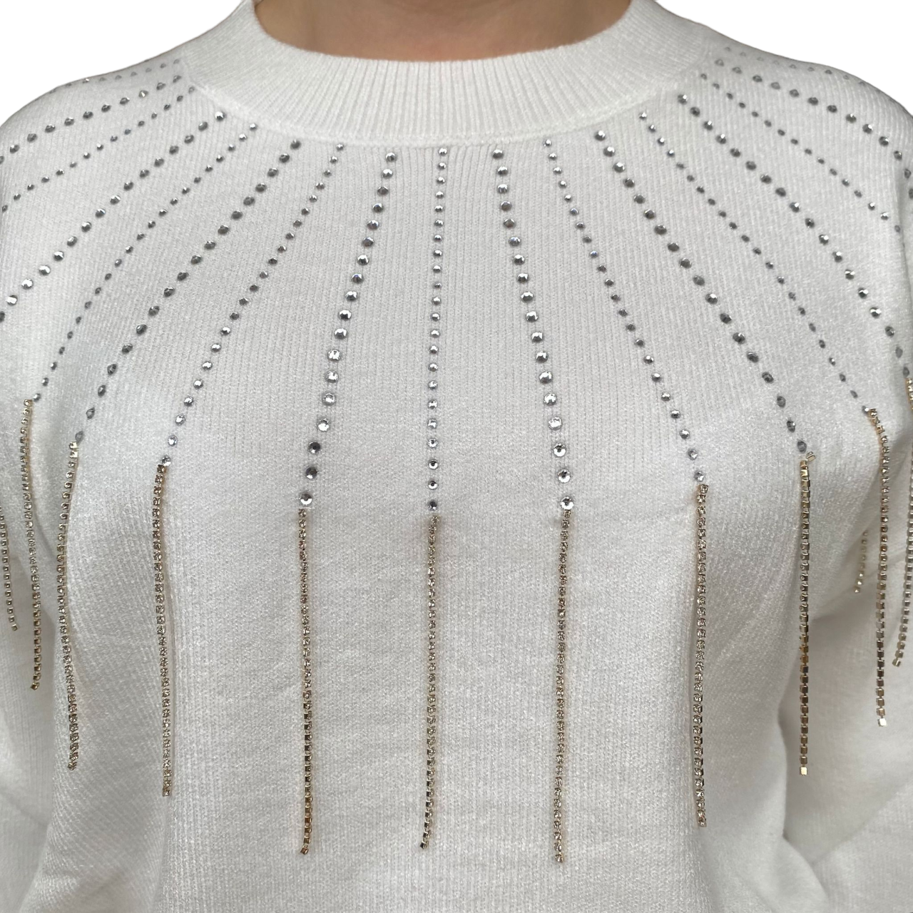 Fresh Flower maglia girocollo con frange strass da donna FF437 panna