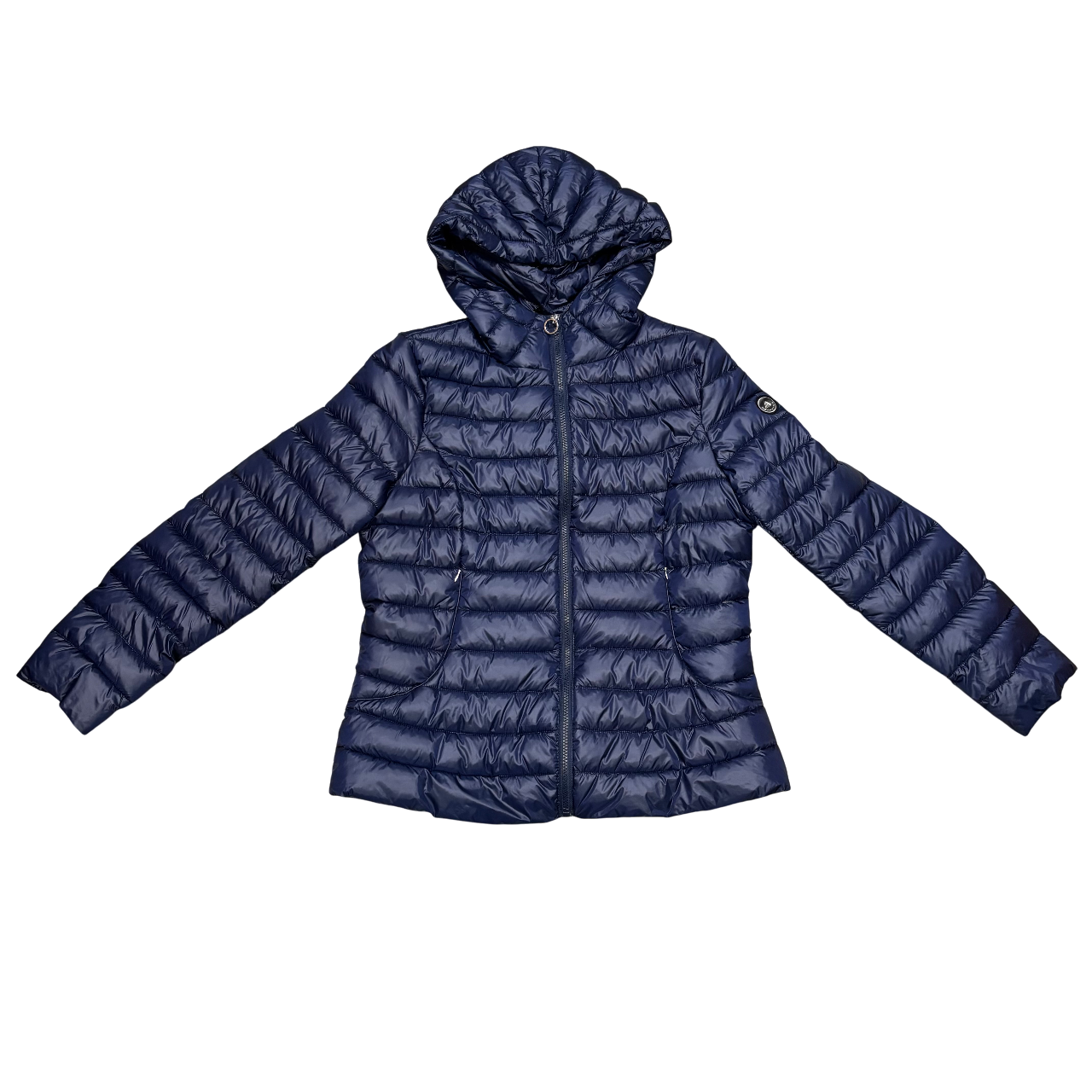 Giacca ultraleggera Astrolabio da donna 100 grammi blu con cappuccio vista frontale con zip