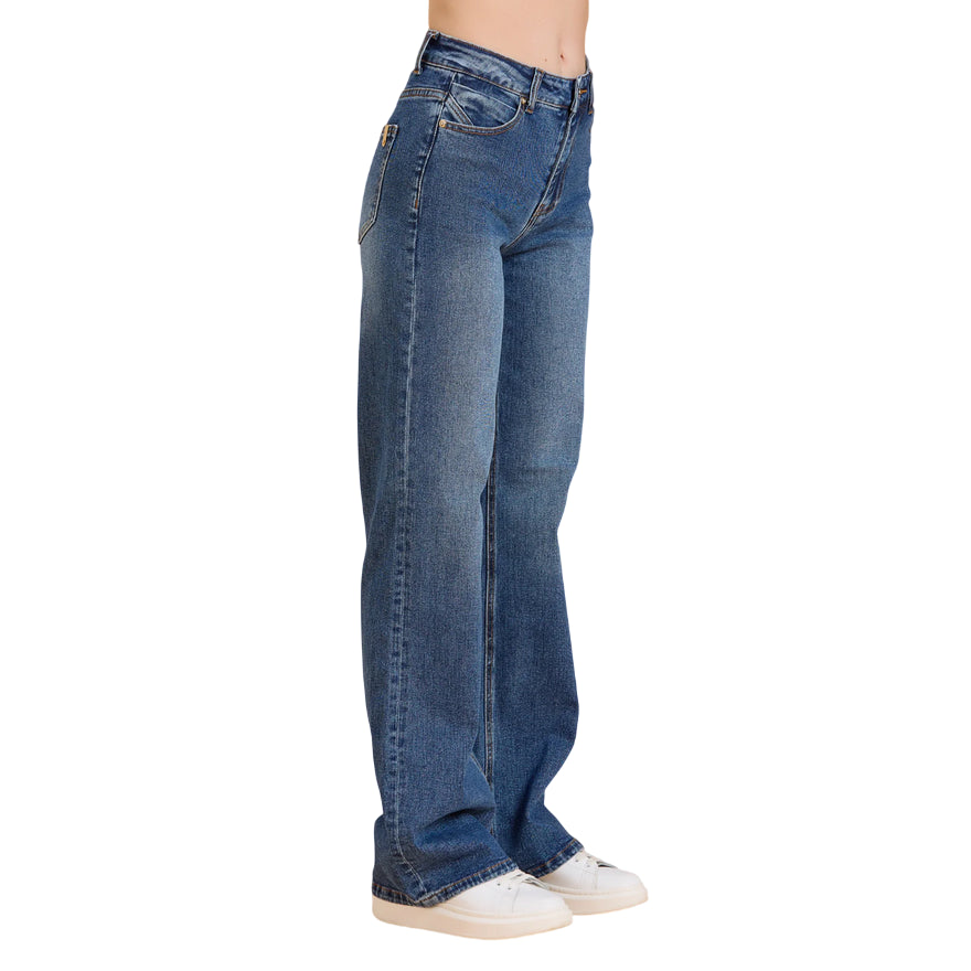 Griffai - Jeans Donna DGF5809 Blu Medio - Pantalone Flare a Palazzo - laterale