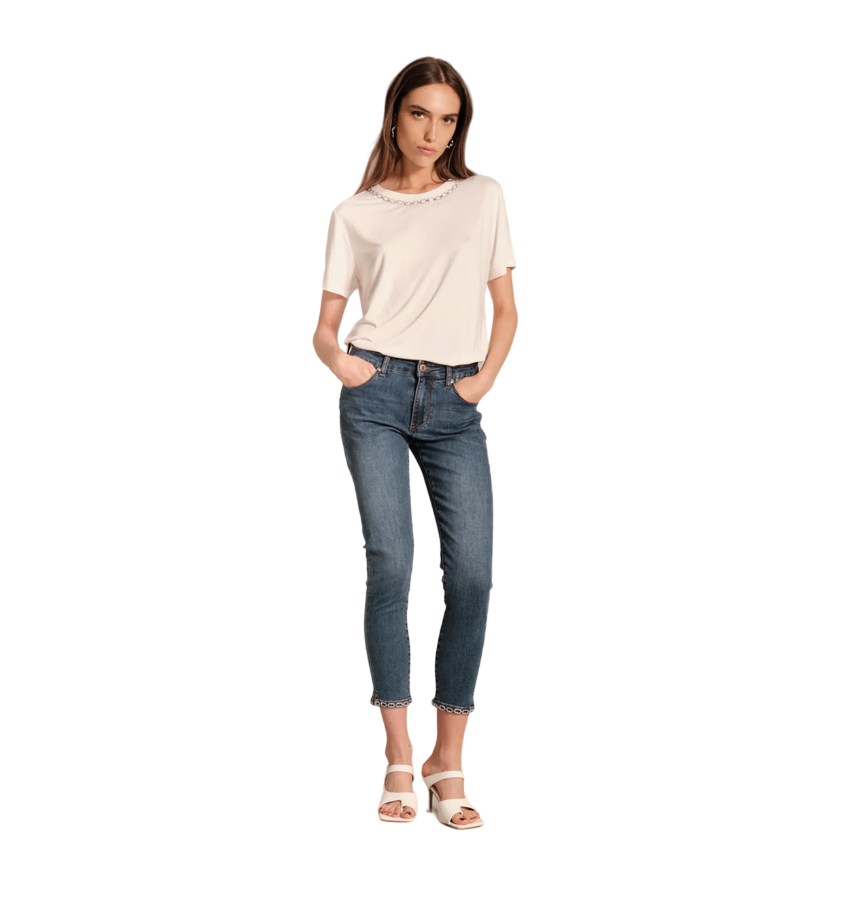 Griffai pantalone jeans da donna con spacchetti e catena alla caviglia DGP4757 blu medio