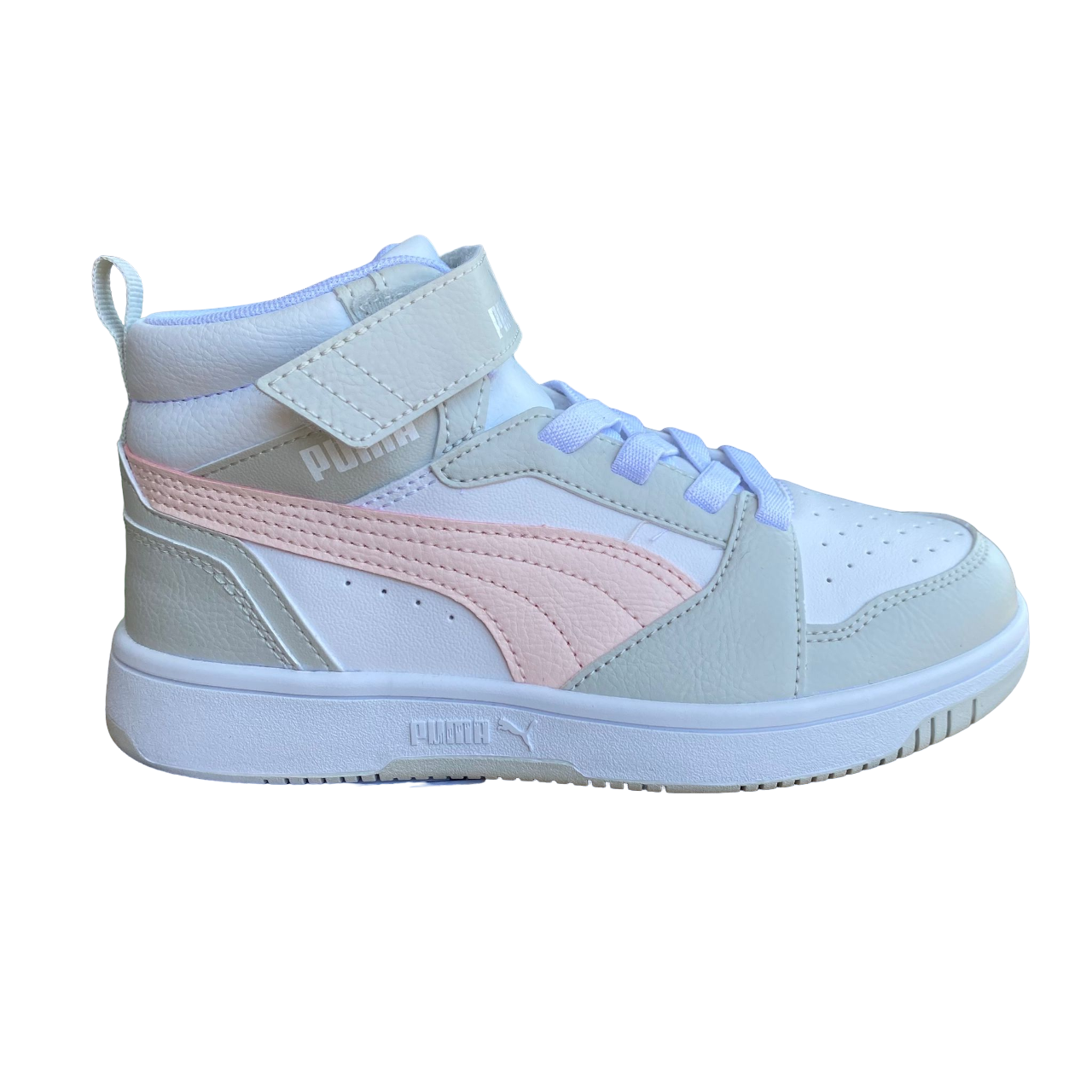 Puma girl's high shoe with lace and strap Rebound V6 AC+PS 393832-04 white-pink-grey
