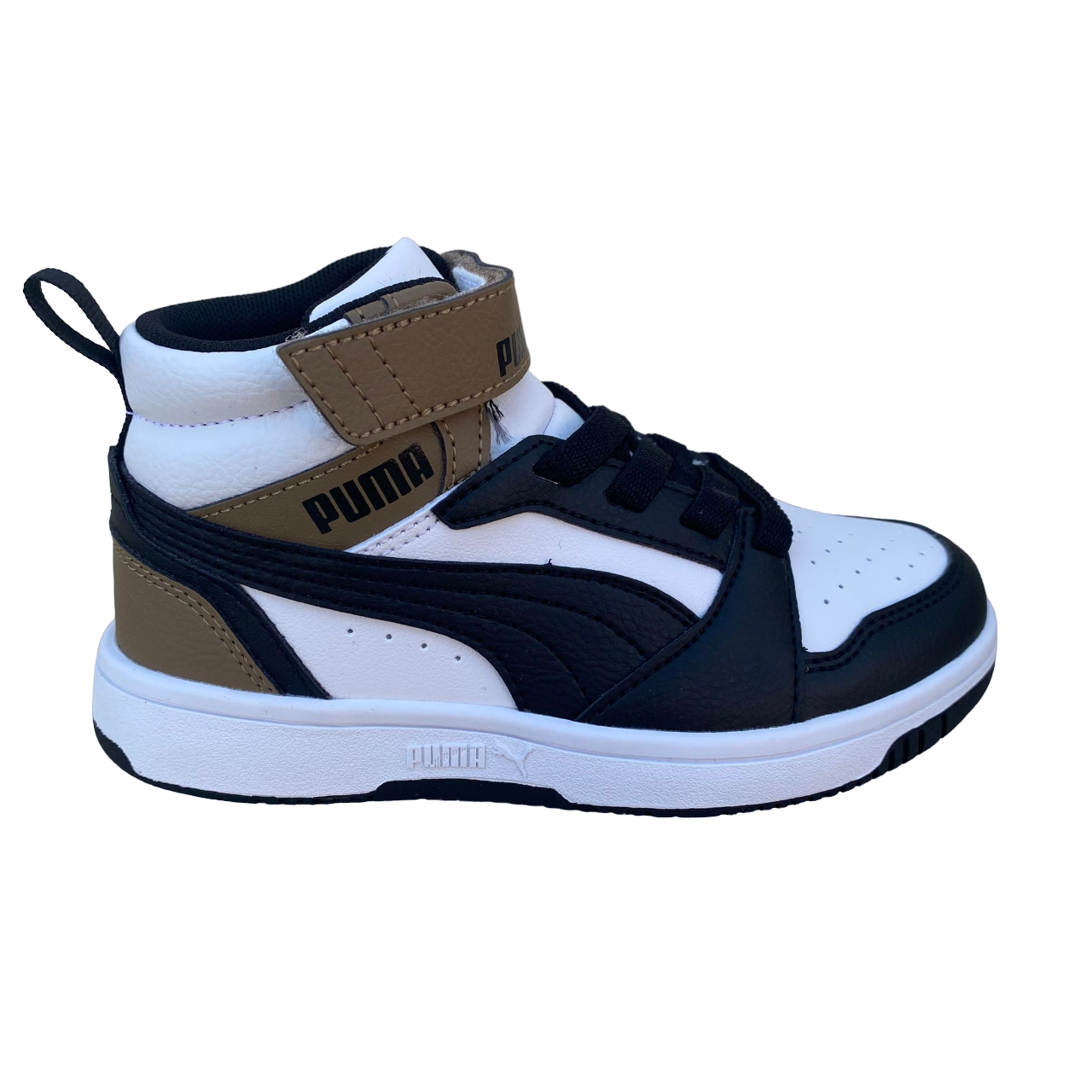 Puma boys' high shoe with lace and strap Rebound V6 AC+PS 393832-08 white-black-chocolate