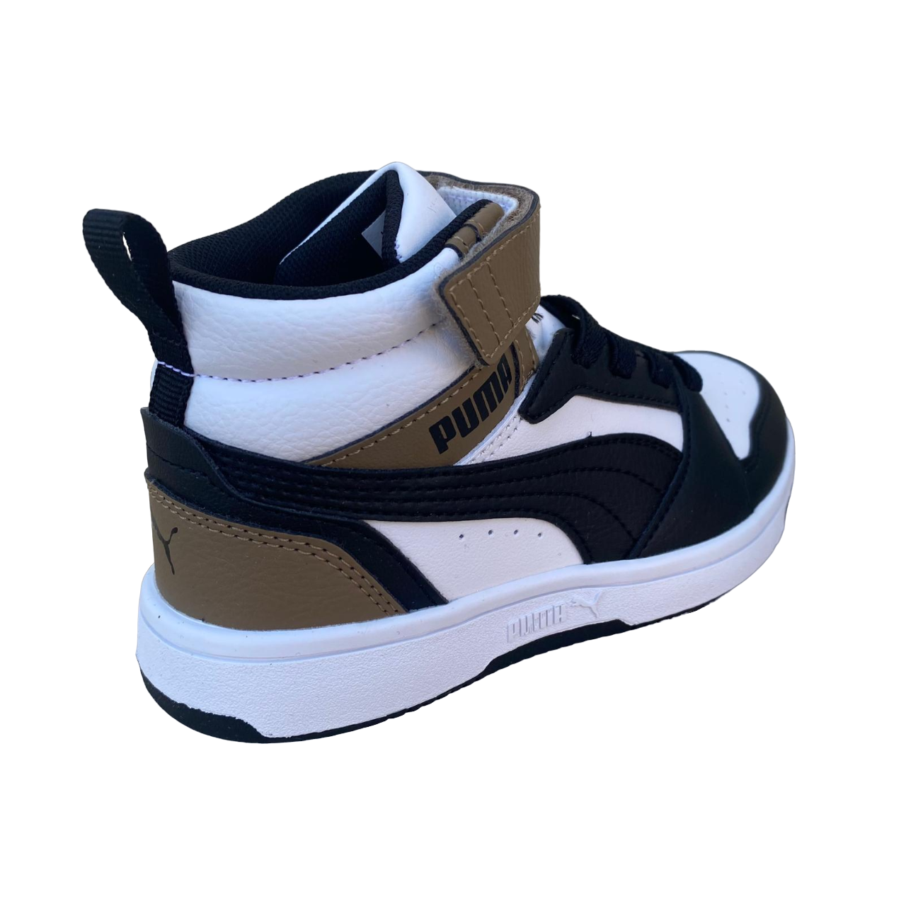 Puma boys' high shoe with lace and strap Rebound V6 AC+PS 393832-08 white-black-chocolate