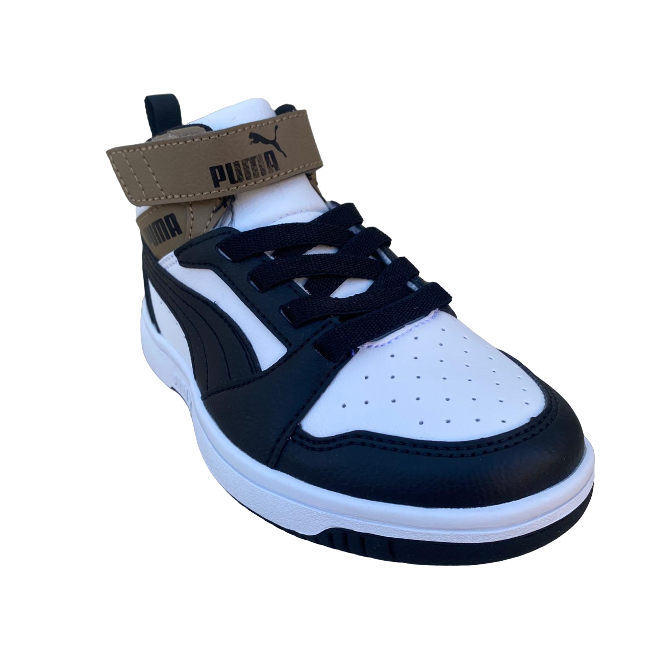 Puma boys' high shoe with lace and strap Rebound V6 AC+PS 393832-08 white-black-chocolate