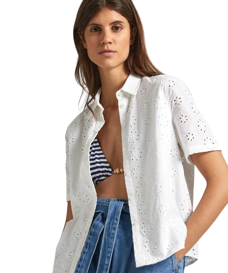 Pepe Jeans camicia manica corta da donna in popeline traforata sangallo Esty PL505853 800 bianco
