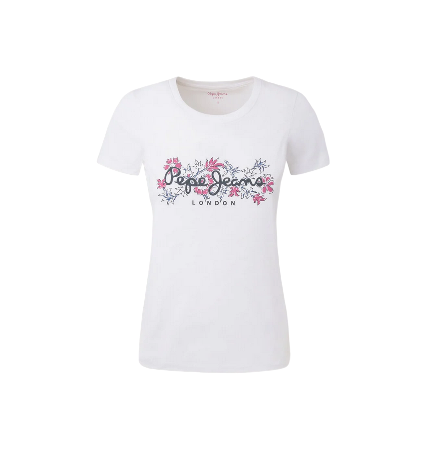Pepe Jeans maglietta manica corta da donna con logo stampato Korina PL505834 800 bianco