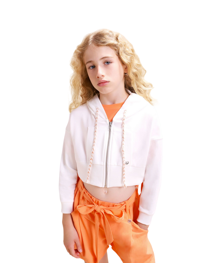 Please Felpa cropped con cappuccio, coulisse e zip LK01042G61 bianco