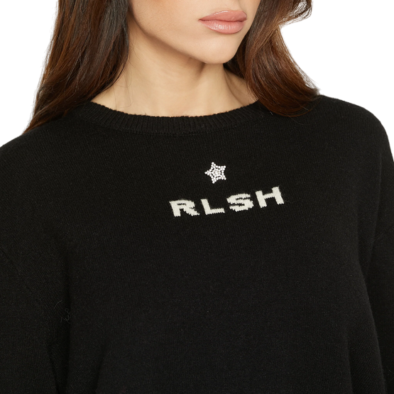 Relish short sweater with long sleeves with jacquard logo and star brooch with black Frida rhinestones