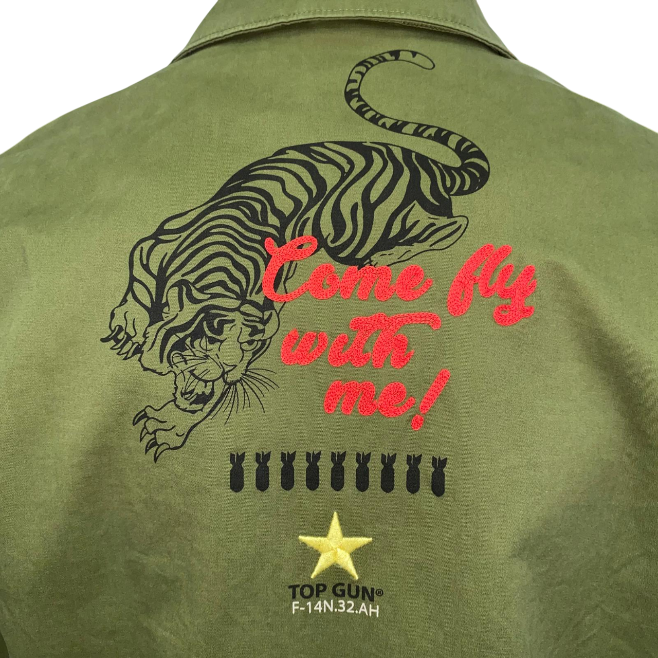 Camicione verde militare Top Gun da uomo con toppe ricamate decorative, design oversize, tasche frontali e dettagli ispirati allo stile aviatore - stampa