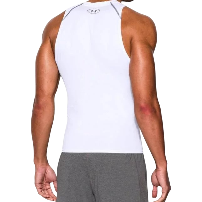 Canotta compressione Under Armour bianca per uomo, tessuto elasticizzato aderente per supporto muscolare durante l'allenamento, posteriore