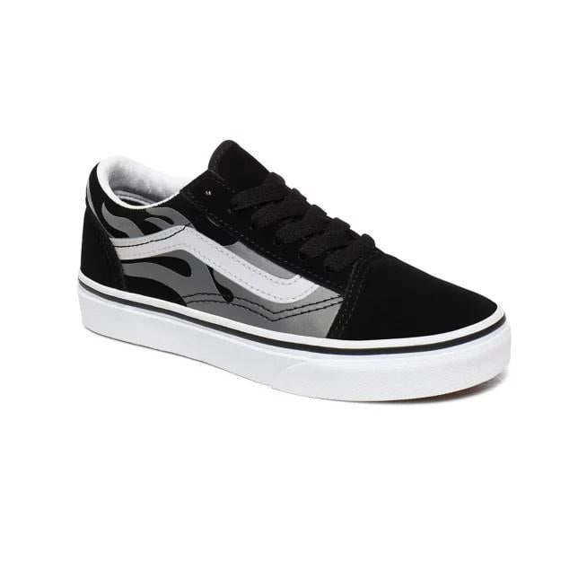 Vans scarpa sneakers da ragazzi in tela e camoscio con fiamme grigie Old Skool VN0A4UHZWKJ1 nero-bianco