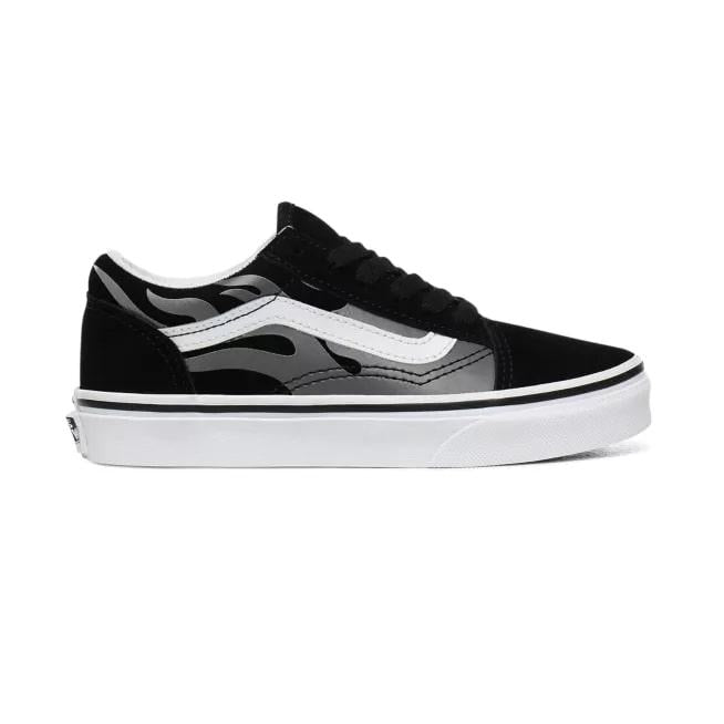 Vans scarpa sneakers da ragazzi in tela e camoscio con fiamme grigie Old Skool VN0A4UHZWKJ1 nero-bianco