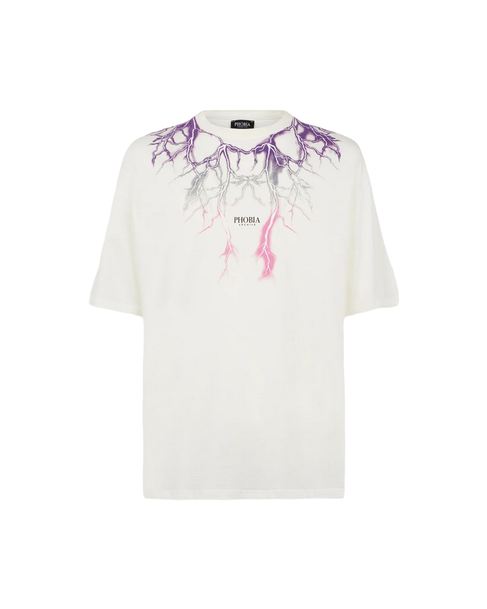 Phobia White unisex t-shirt with fuchsia gray purple lightning PH00108PUGRFU