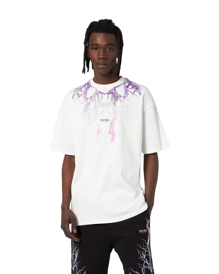 Phobia White unisex t-shirt with fuchsia gray purple lightning PH00108PUGRFU
