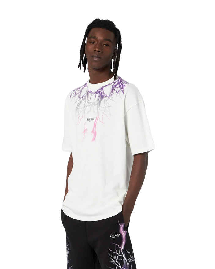 Phobia White unisex t-shirt with fuchsia gray purple lightning PH00108PUGRFU