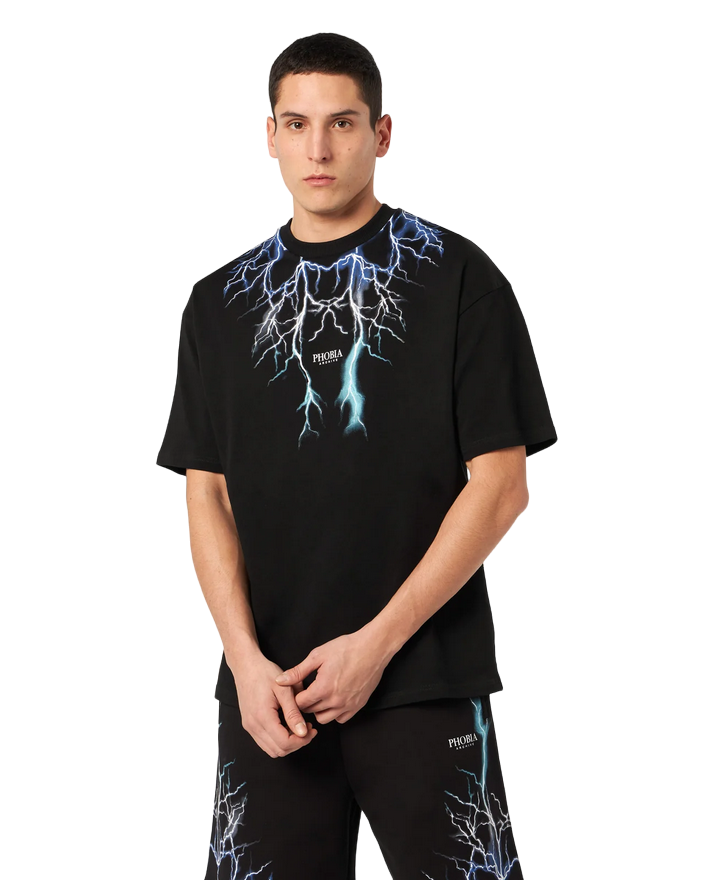 Phobia T-shirt unisex nera blu con fulmini PH00104BLGRLB blu grigio azzurro