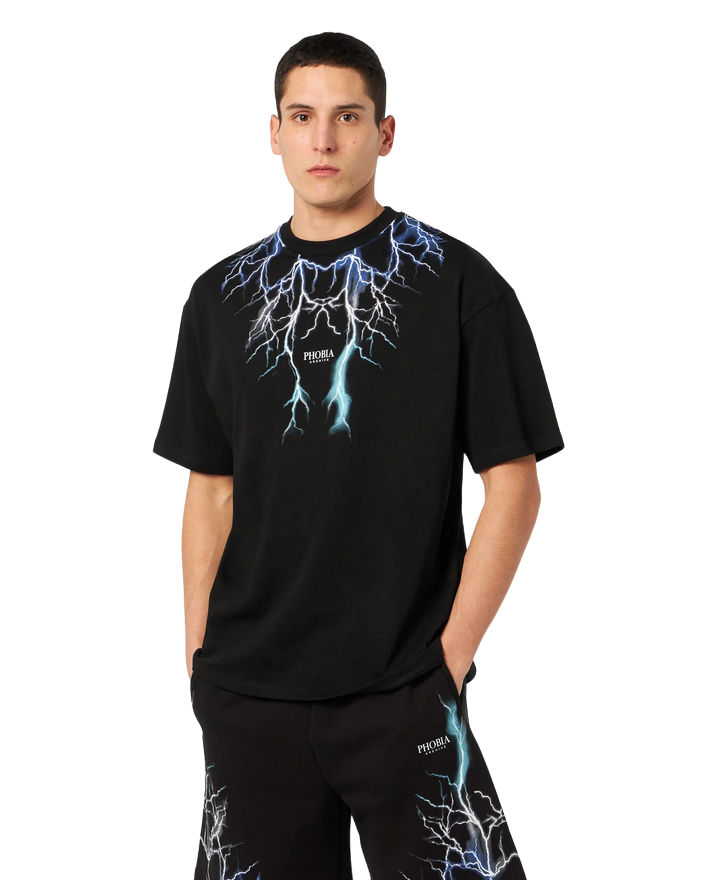 Phobia T-shirt unisex nera blu con fulmini PH00104BLGRLB blu grigio azzurro