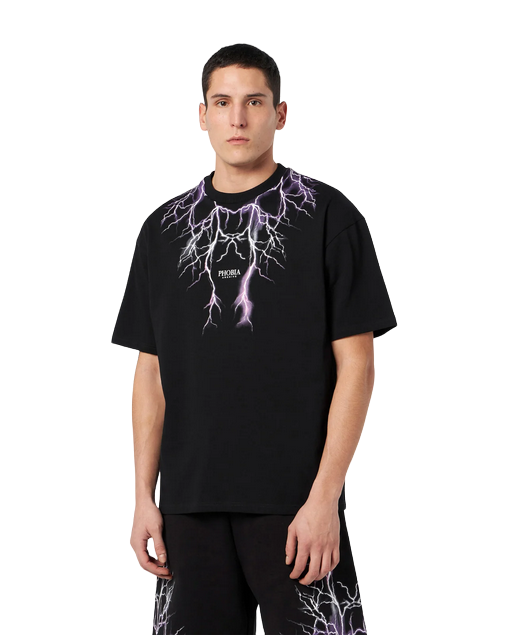 Phobia T-shirt unisex nera viola con fulmini PH00105PUGRFU viola grigio fuxia