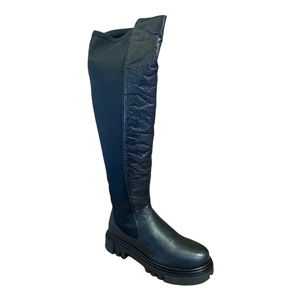 Hosis Stivali da donna in pelle stropicciata e lycra elasticizzata PRF2586 nero