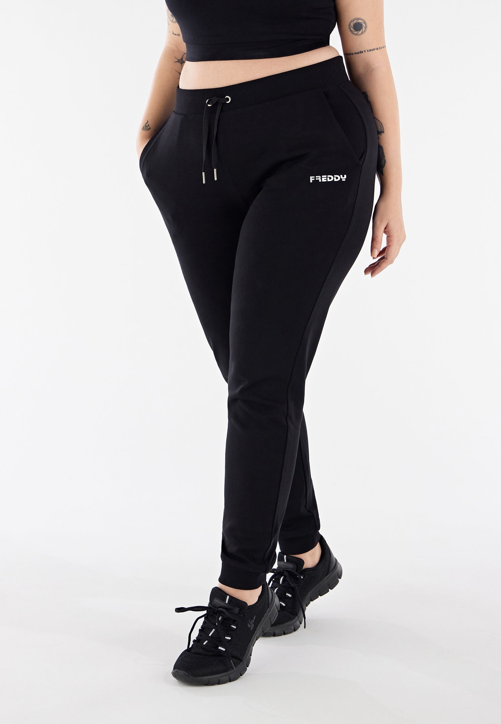 Freddy pantalone sportivo in interlock con stampa in argento e fondo con polsino S3WBCP8 N black