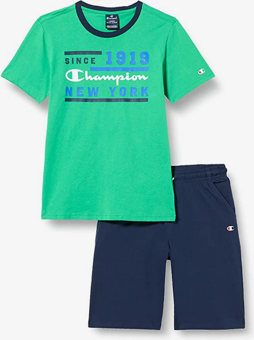 Champion completino da ragazzo Legacy Graphic T-shirt + Bermuda 306315 GS004 ELG verde-blu