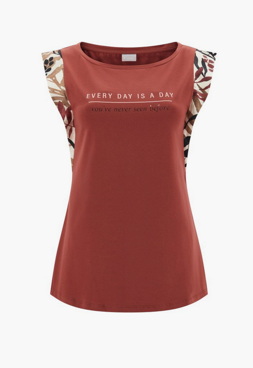 Freddy Modal T-shirt with printed viscose cap sleeves S3WSLT17 RFLO55 brick red
