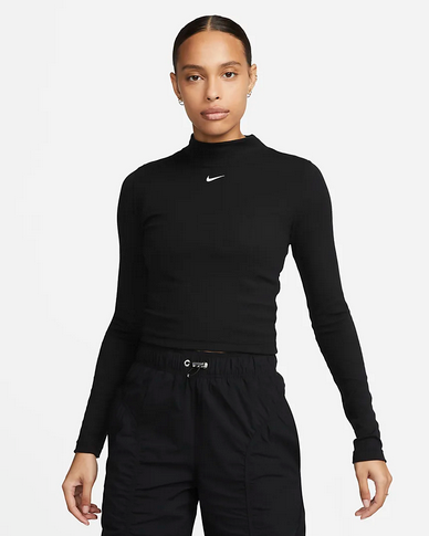 Nike T-Shirt da donna a manica lunga a costine con collo a lupetto DV7880-010 black