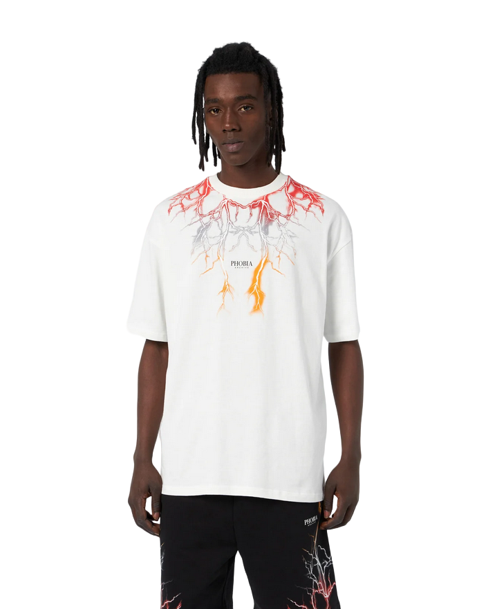 Phobia White unisex t-shirt with red gray orange lightning PH00109REDGROR