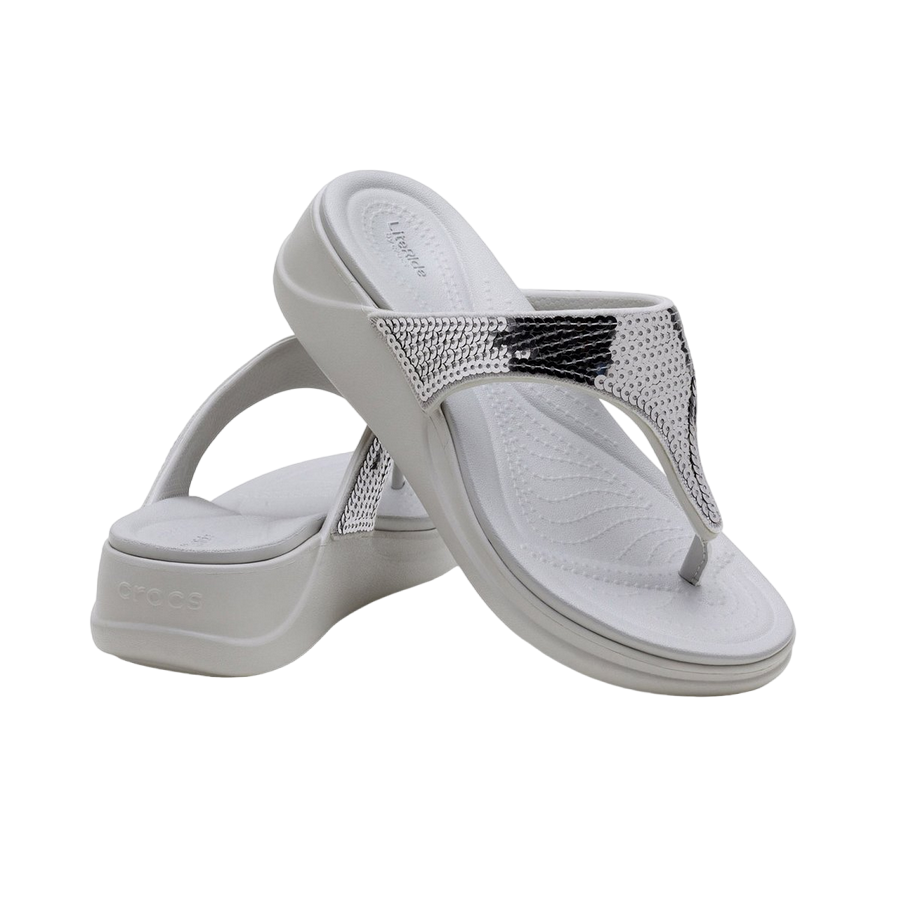 Crocs sandalo infradito con zeppa da donna Crocs Boca Sequin Wedge Flip W 207647-178 pearl white-silver
