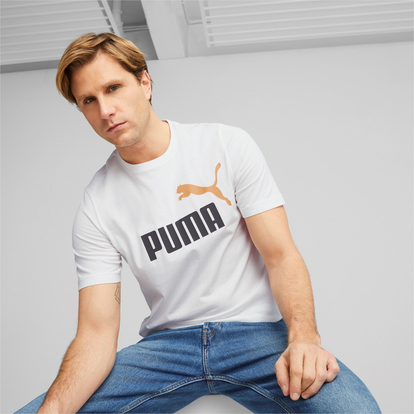 Puma men's short sleeve t-shirt ESS+ 2 large logo print 586759-58 white-blue