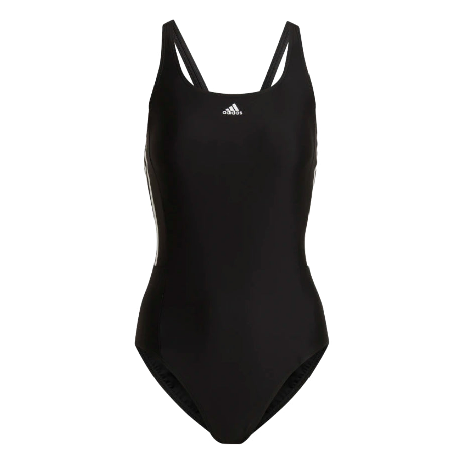 Modella che indossa costume intero Adidas 3S Mid Suit HD0403 nero per nuoto e sport acquatici