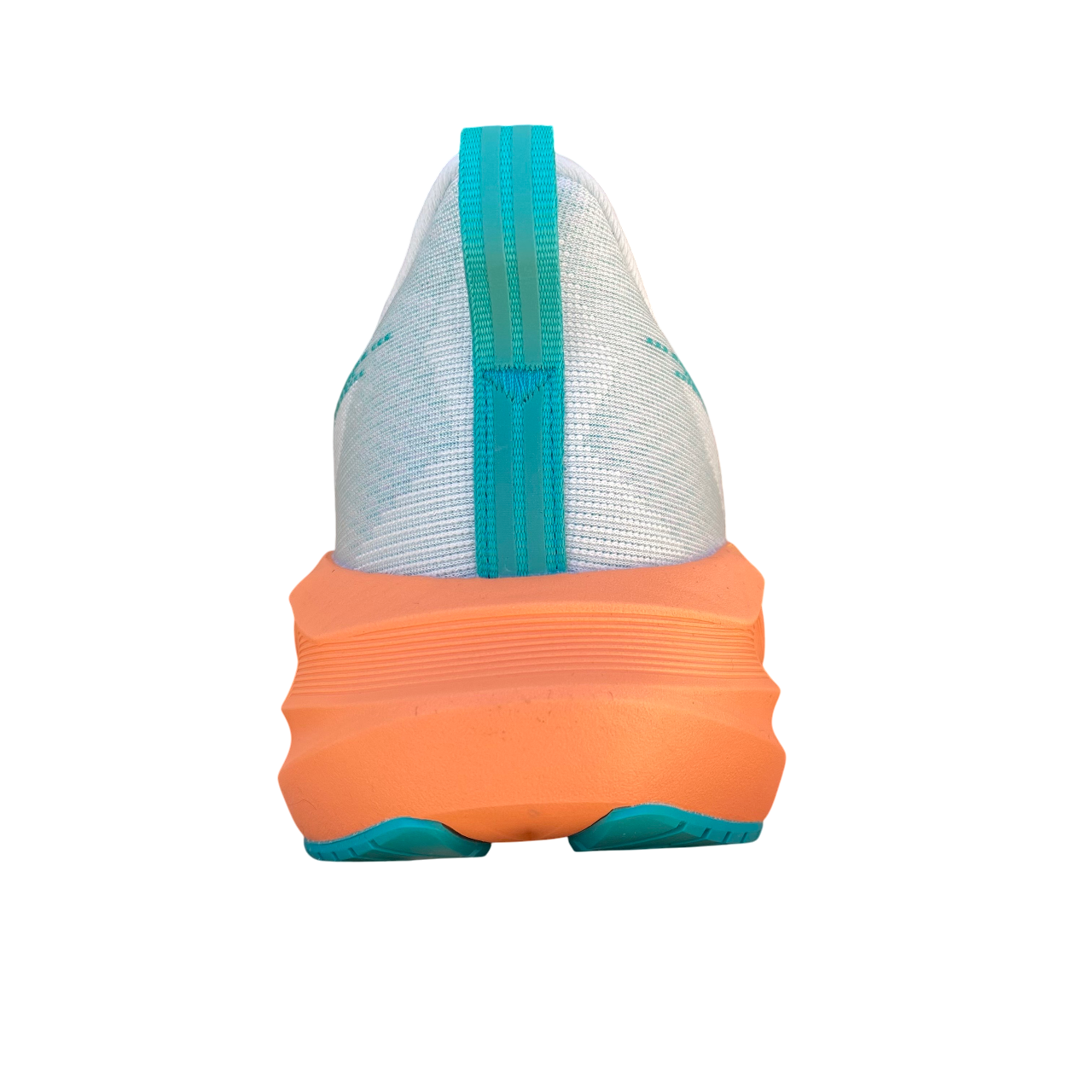 Asics Novablast 5 1011B974-400 scarpa da corsa uomo verde acqua-arancio, vista dall'alto con dettagli tecnologici del tallone