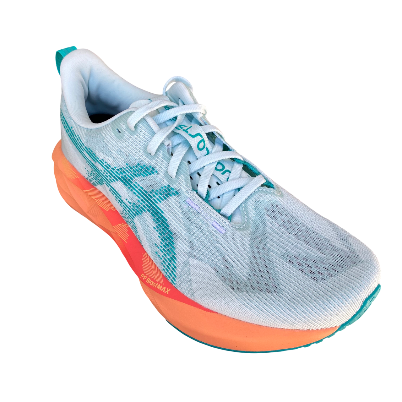 Asics Novablast 5 1011B974-400 scarpa da corsa uomo verde acqua-arancio, vista dall'alto con dettagli tecnologici tomaia traspirante