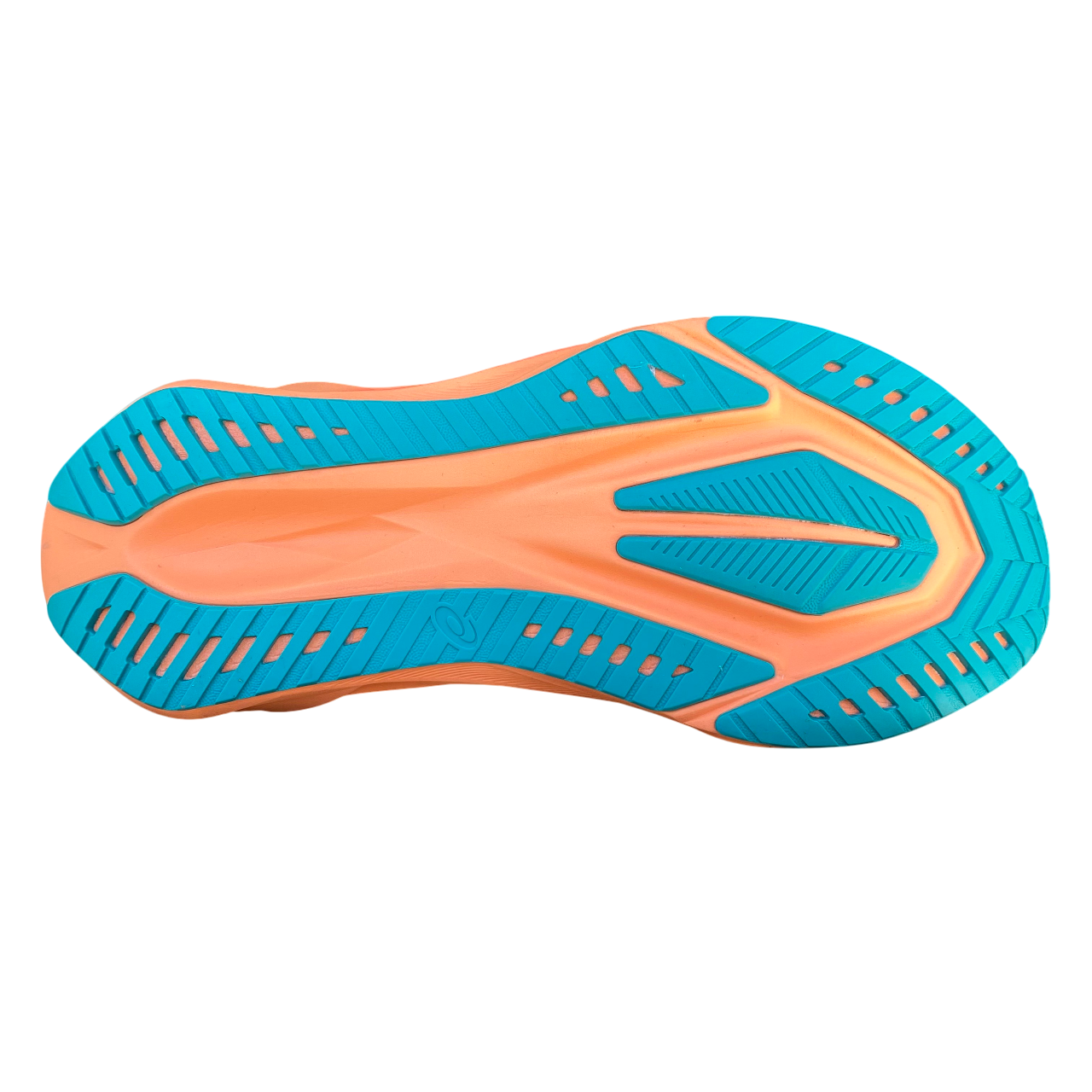 Asics Novablast 5 1011B974-400 scarpa da corsa uomo verde acqua-arancio, vista dall'alto con dettagli tecnologici della suola a trazione