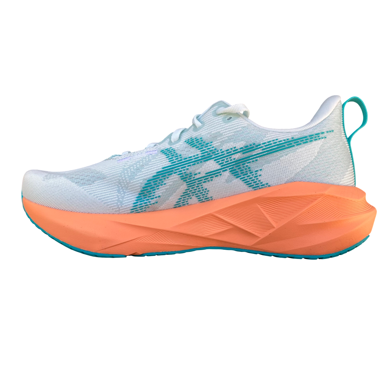 Asics Novablast 5 1011B974-400 scarpa da corsa uomo verde acqua-arancio, vista laterale interna con dettagli tecnologici