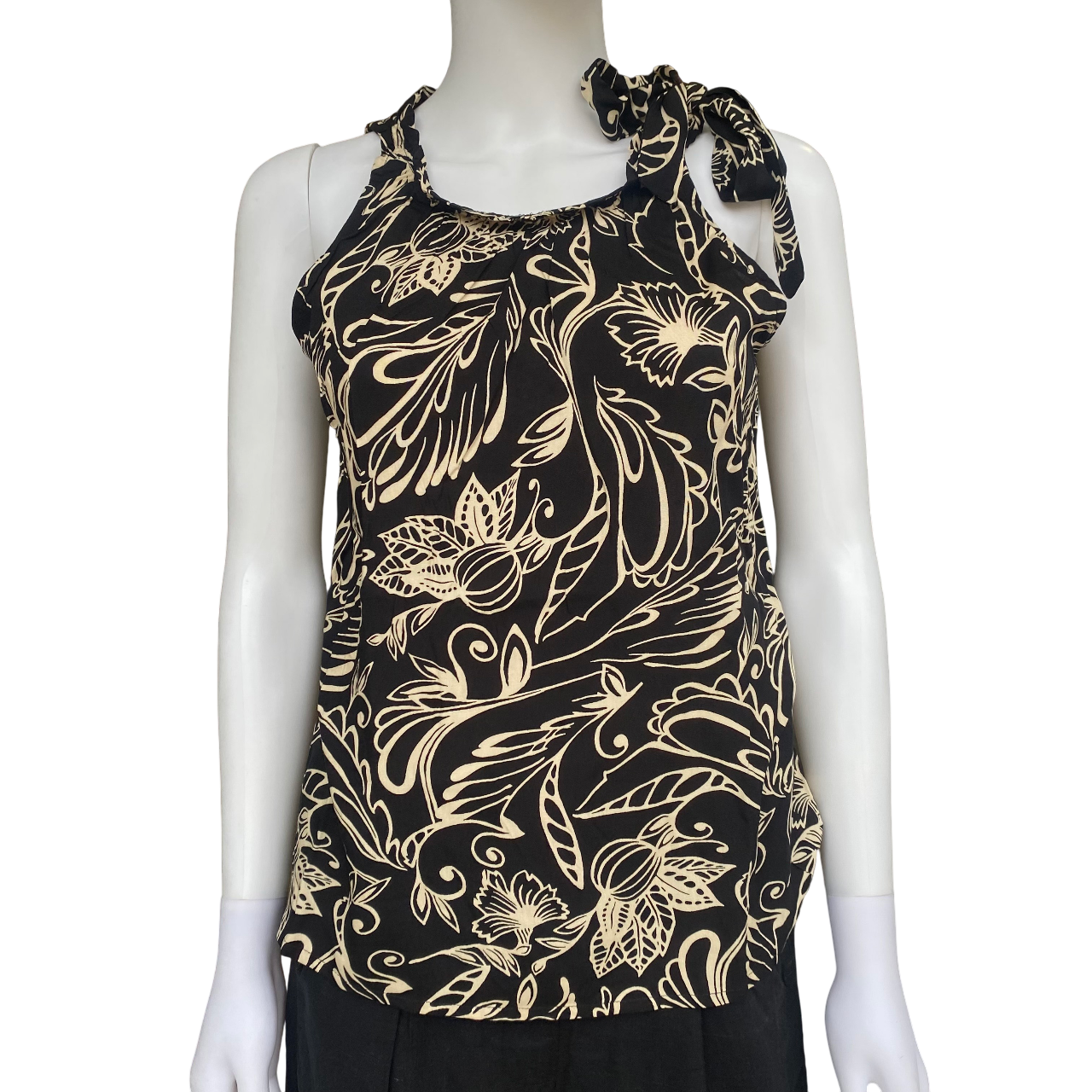 Camicia nera fantasia Astrolabio da donna modello CA6C T68H con nodo alla spalla, blusa elegante e versatile - frontale